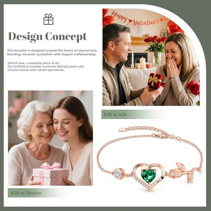 1CT Rose Heart Birthstone Bracelet for Women Love Gift - style: 05-May Emerald Rose Gold
