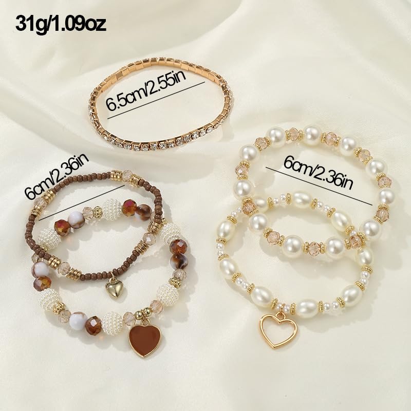 Pingyongchang Bohemian Stackable Beaded Bracelets Set for Women Multicolor Stretch Faux Pearl Heart Crystal Stretchy Bangles Multilayered Handmade Friendship Holiday Beach Jewelry Mother's Day Gifts - color: Brown