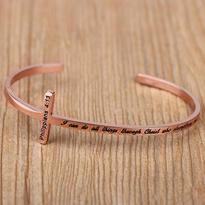 𝐂𝐫𝐨𝐬𝐬 𝐁𝐫𝐚𝐜𝐞𝐥𝐞𝐭 Religious Cuff Bangle 𝐁𝐢𝐛𝐥𝐞 𝐕𝐞𝐫𝐬𝐞 Christian Gifts Jewelry for 𝐖𝐨𝐦𝐞𝐧 - style: Rose gold-I can do all things through Christ who strengthens me -Philippians 4:13