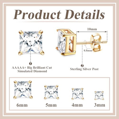 MILACOLATO S925 Sterling Silver Stud Earrings for Women Men Hypoallergenic 18K Gold Plated Cubic Zirconia Earrings Studs Brilliant Simulated Diamond Halo Earring for Sensitive Ears - style: 18K Gold Plated - Square CZ