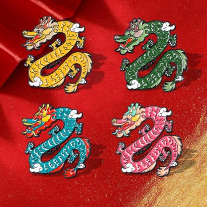 4pcs Chinese Dragon Enamel Lapel Pin Set, Dragon ChineseZodiac Style Traditional Design Red Yellow Pink Blue Green - color: PINK