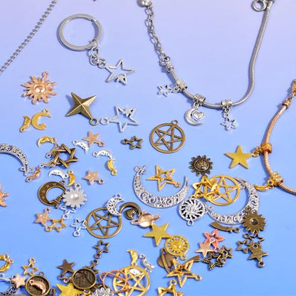 stino 100 Gram Metal Charms for Jewelry Making, Silver & Gold Plated, Bulk Pack for Bracelets, Necklaces, Crafts - color: Celestial Mixed Color