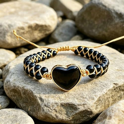 Women Boho Wrap Bracelet,Handmade Natural Stone Crystal Emperor Beads Heart Bracelet, Fashion Bohemian Jewelry Gift for Women - color: Black