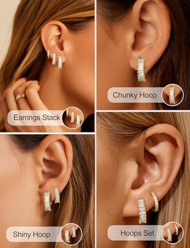 Small Gold Earring Stack Trendy 925 Sterling Silver Earrings for Women Hypoallergenic 14K Gold Plated Cubic Zirconia Stud Hoop Non Tarnish Huggie Hoop Earrings Set for Multiple Piercing Jewelry Gift - style: Gold: 3 Pairs of Shiny CZ Hoops