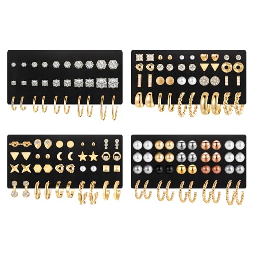 84 Pairs Gold Stud Earrings Set for Women Multipack, Fashion Pearl Cubic Zirconia Butterfly Earrings Packs Piercings, Hypoallergenic Stud Hoops Earrings for Gift - color: Style04-gold