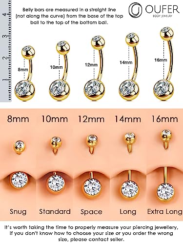 OUFER Titanium Belly Button Rings, Internally Threaded Belly Ring, Round CZ Navel Rings for Women Men - color: Gold, size: 1.6*16MM