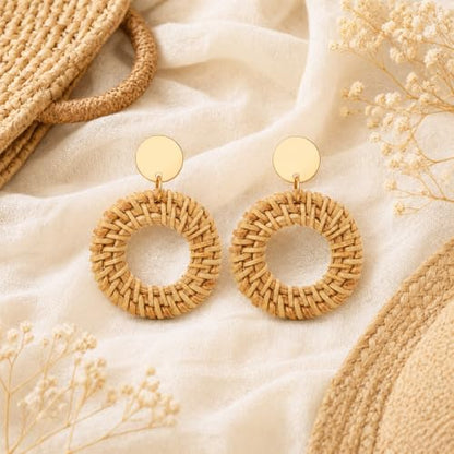 Handmade Rattan Teardrop Dangle Earrings for Women, Lightweight Boho Woven Statement Earrings with Gold Fish Hook, Natural Straw Weave Vacation Jewelry for Summer Beach - style: Natural Beige