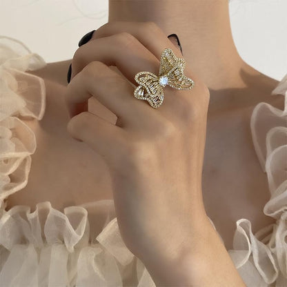 Luxury Rhinestone Bowknot Open Ring For Women Gold Silver Plated Adjustable Sparkly CZ Crystal Butterfly Finger Band Statement Bow Tie Ribbon Rings Fashion Shiny Wedding Promise Cocktail Jewelry For Her Gifts - color: Gold