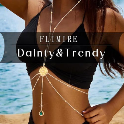 Gold Body Chain for Women Layered Rhinestone Waist Chains Summer Beaded Bra Body Jewelry Gifts - color: Green