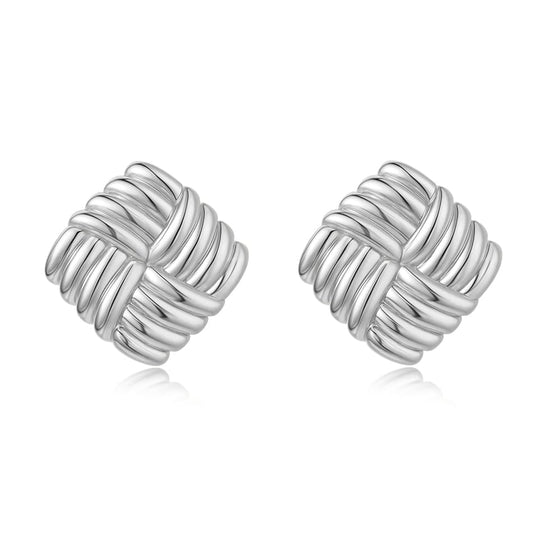 Gold Chunky Statement Earrings for Women, Trendy 14K Gold Plated Square Geometric Vintage Drop Dangle Designer Stud Earrings, Jewelry Gift - style: square striped-silver