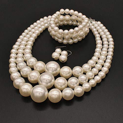 We We Imitation Pearl Necklace for Women Large Chunky Pearl Necklaces Multilayer Pearl Necklace and Earring 1920s Costume Jewelry set - color: white pearl necklace set