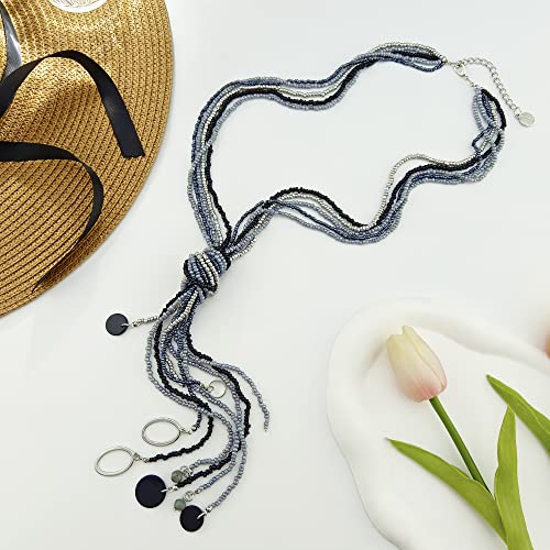 Coiris Long Seed Beaded Multi Strand Necklace,10 Multiple Statement Long Bib Necklace with Tie Knot for Women and Girls Jewelry - color: Black Grey