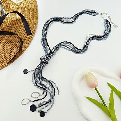 Coiris Long Seed Beaded Multi Strand Necklace,10 Multiple Statement Long Bib Necklace with Tie Knot for Women and Girls Jewelry - color: Black Grey
