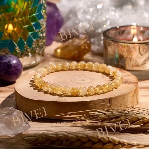 Bivei 6mm Beaded Bracelets for Women Handmade Semi Precious Natural Stone Stretch Elastic Jewelry Yoga Protection Gifts - color: Citrine - Wealth & Success, size: Large 8-8.27 inch