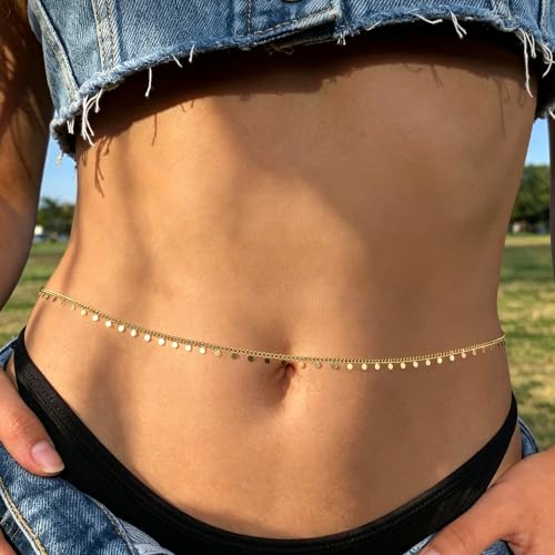 JINEAR 14K Gold Plated Waist Chain for Women Body Chain Belly Chains | Dainty Bead Chains Waterproof Summer Beach Bikini Accessories Gold Jewelry Belt Festival Outfits for Women - color: Small Glitter Body Chains
