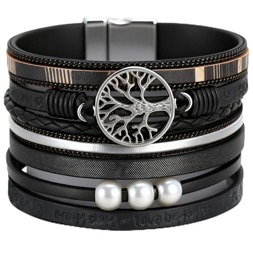 Leather Wrap Bracelets for Women, Boho Leopard Multi-Layer Crystal Beads Cuff Jewelry - color: J-Warp-002
