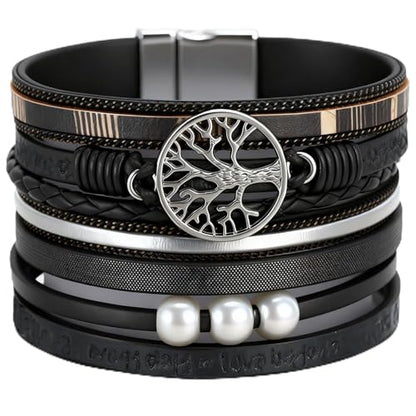 Leather Wrap Bracelets for Women, Boho Leopard Multi-Layer Crystal Beads Cuff Jewelry - color: J-Warp-002
