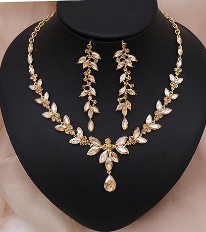 CSY Elegant Bridal Jewelry Sets Wedding Prom Homecoming Gown Accessories | Austrian Marquise Crystal Wedding Necklace Dangle Earrings Tennis Bracelet Ring Set for Bride Women Costume Accessories - color: champagne gold