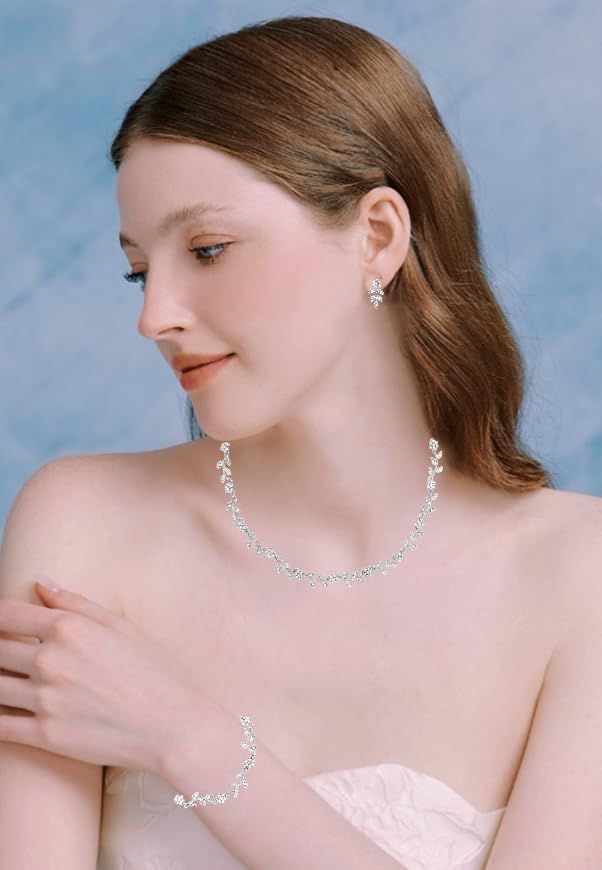 Austrian Crystal Rhinestone Choker Necklace Dangle Earring Link Bracelet Jewelry Set for Brides Bridesmaid Prom Costume Accessories for Women - color: White-Silver Plated