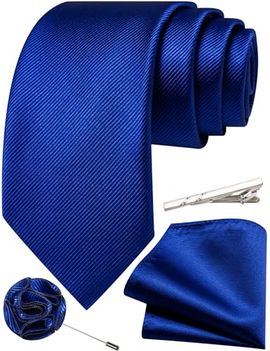 Solid Color Tie and Pocket Square with Tie Clip Lapel Pin Silk Formal Necktie Set Wedding Formal - color: Royal Blue