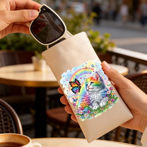 Diamond Art Painting Eye Glass Bag PU Sunglasses Glasses Storage Bag Built-in Glasses Cloth Press Automatic Closure - color: Cat