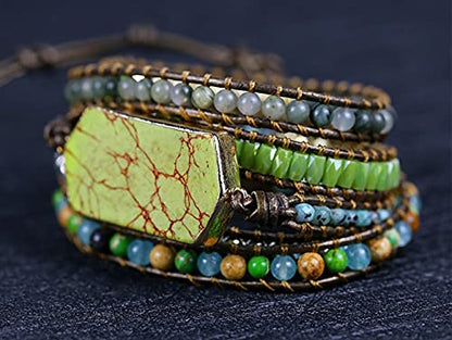 Women Wrap Bracelets Boho Natural Stone Jasper Turquoises Strand Bracelet Jewelry Collection - color: Emperor Turquoise