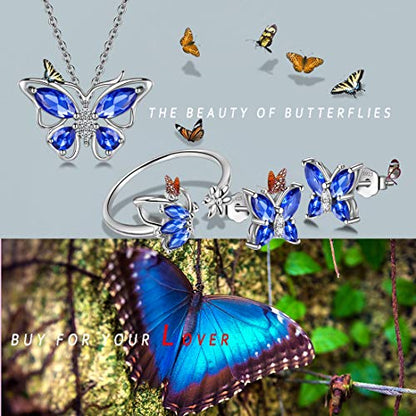 925 Sterling Silver Birthstone Butterfly Jewelry Women Crystal Animal Cute Butterflies Birthday Necklace/Earring/Ring/Bracelet Sets Birth Stone Statement Anniversary Jewellery - color: 2-I.September-Sapphire