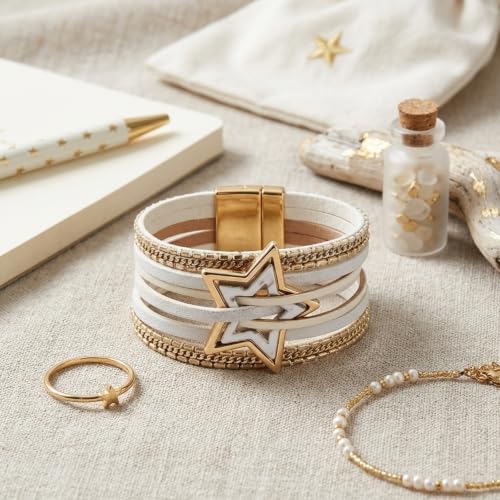 Leather Wrap Bracelets for Women Boho Layered Cuff Bracelets Bling Bohemian Jewelry - color: Gold White