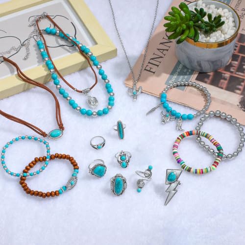 NEWITIN 20 Pieces Silver Bohemian Jewelry Set for Women Fashion Costume Jewels Turquoise Necklace Bracelet Ring Earrings Western Turquoise Jewelry Set for Women - color: Turquoise Jewelry Set A