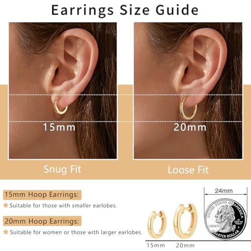 14K Gold Plated Hoop Earrings for Women with 925 Sterling Silver Post, Lightweight Small Hoop Earrings 15mm/20mm Huggie Hoop Earrings - color: 14K Gold Plated, size: 15MM