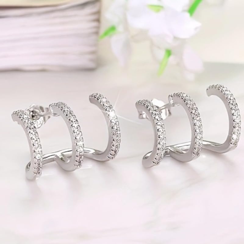 Unique Zirconia Triple Hoop Stud Earrings for Women Daily Party Earrings Jewelry Gift - color: silver