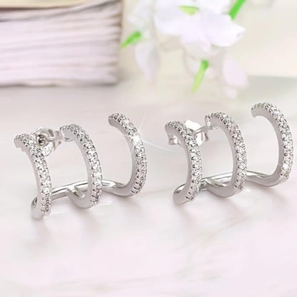Unique Zirconia Triple Hoop Stud Earrings for Women Daily Party Earrings Jewelry Gift - color: silver