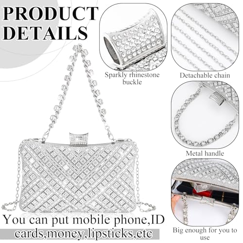 Quelay 4 Pcs Purse Rhinestone Jewelry Set Women | Wedding Bridal Prom Jewelry Sparkly Clutch Handbag with Necklace Bracelet Dangle Earrings Shiny Costume Kit - color: Silver, style: Luxurious