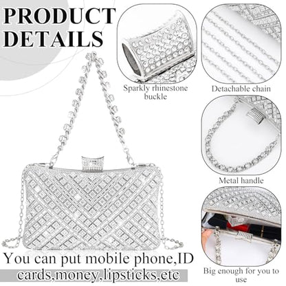 Quelay 4 Pcs Purse Rhinestone Jewelry Set Women | Wedding Bridal Prom Jewelry Sparkly Clutch Handbag with Necklace Bracelet Dangle Earrings Shiny Costume Kit - color: Silver, style: Luxurious