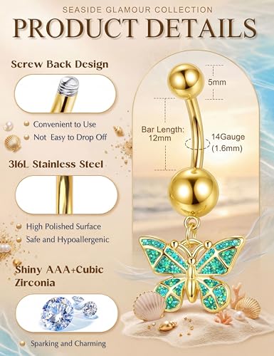 Dochais Belly Buton Rings Surgical Stainless Steel Belly Button Ring for Women Dangle Belly Button Rings Butterfly Cubic Zirconia Navel Barbell Body Piercing - color: Gold