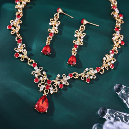 Crystal Crown Jewelry Set for Women Bride Queen Tiara Earrings and Necklace | Metal Royal Crown Costume Jewelry Set Wedding Prom Quinceanera Party Pageant Halloween Retirement Christmas Birthday Gift - color: Red