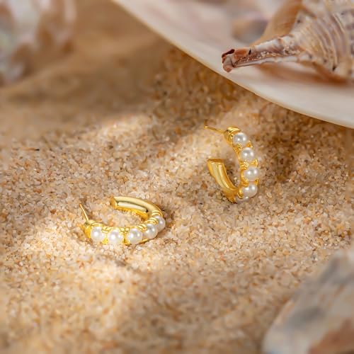 Chunky Gold Hoop Earrings for Women Non Tarnish, 14k Gold Plated Thick Triple Hoop Earrings Hypoallergenic Trendy Hoops Dainty Jewelry Gifts for Women - style: Simple Pearl C Hoop