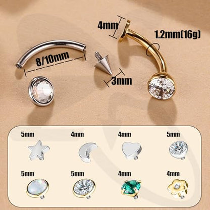 ZS 8Pcs 16G Eyebrow Piercing Jewelry Spike Eyebrow Ring, Stainless Steel Curved Barbell Flat Back Lip Stud Daith Rook Piercing for Women Men 8mm 10mm - color: Sliver, size: L:8mm