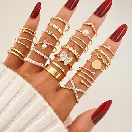Airvess Gold Knuckle Rings for Women Trendy, Vintage Stackable Rings 14k Gold Plated Rings Sets Dainty Joint Finger Midi Ring Cute Rings Pack Festival Jewelry Gift - style: 22 Pcs