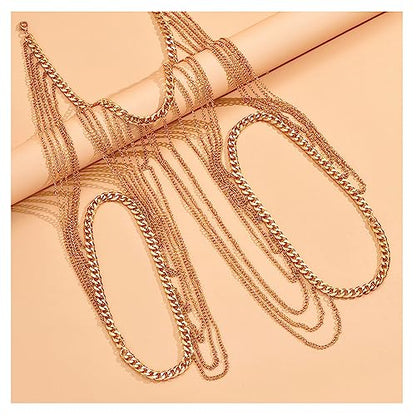 Summer Beach Harness Chest Body Chain Multi Layered Tassel Shoulder Body Chain Necklace Bikini Shoulder Arm Chain Bridal Wedding Backdrop Necklace Back Chain Jewelry for Women (Tassel)