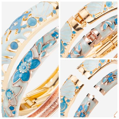 wynameleri Womens Multi-colors Cloisonne Bracelets Flower Enameled Gold Plated Hinged Cuff Bangles Jewelry Gift 3 Packs - color: 3 Pcs Set-Light Blue