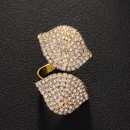 Paved CZ Leaf Statement Open Ring for Women - Sparkle Crystal Leaves Adjustable Wrap Finger Band Bridal Wedding Engagement Promise Eternity Rings Exaggerated Exquisite Cocktail Party Jewelry for Bride - color: Gold