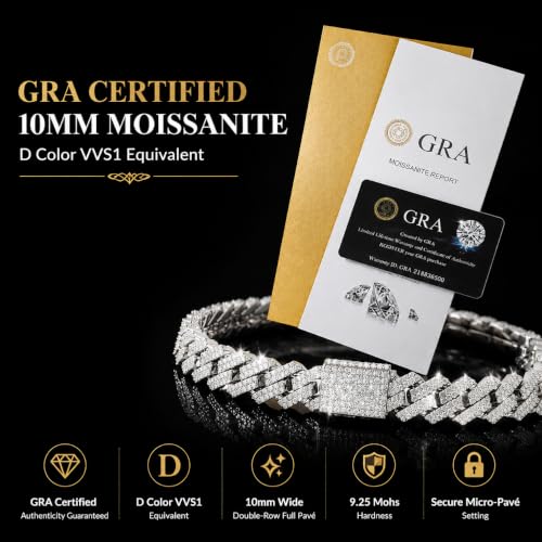 10mm Moissanite Cuban Link Chain, S925 Silver Hip Hop Necklace for Men | GRA D-VVS1 moissanite. Solid S925 silver, 16-24" silver/gold. 10mm double-row pavé. Reinforced prongs & clasp. Gift box.
