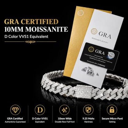 10mm Moissanite Cuban Link Chain, S925 Silver Hip Hop Necklace for Men | GRA D-VVS1 moissanite. Solid S925 silver, 16-24" silver/gold. 10mm double-row pavé. Reinforced prongs & clasp. Gift box.