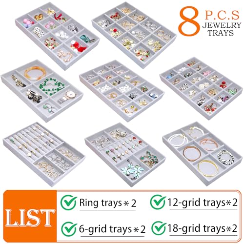 Set of 8 Stackable Jewelry Organizer X-Large Velvet Jewellry Trays Jewelryy Drawer Inserts, Earring Ring Brooch Necklace Bracelet Watch Display Plate with Removable Dividers - color: GREY, size: X-Large