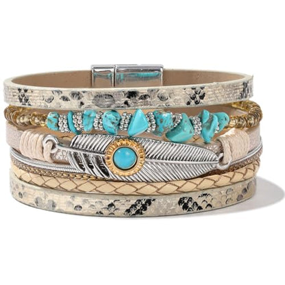 Western Turquoise Leather Cuff Bracelets Boho Feather Cowgirl Jewelry | Stackable Country Hippie Wrap Bangle Set Magnetic Clasp Chunky Beaded Stone Bohemian Statement Outfits for Women Trendy - color: Gold