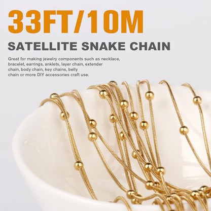 33FT 1mm Gold Snake Chain Roll Gold Satellite Chain Bulk for Jewelry Making | 18K Gold Plated Stainless Steel Beaded Round Snake Chain Spool for DIY Craft Necklace - color: Big Beads Gold Satellite Snake Chains