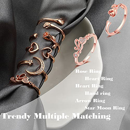 KOHOTA 12PCS Adjustable Knuckle Rings for Women 14K Gold Plated Silver Simple Stacking Rings Pack Open Knot Star Moon Butterfly Dainty Thumb Ring Set for Women - color: 2-Rose gold color