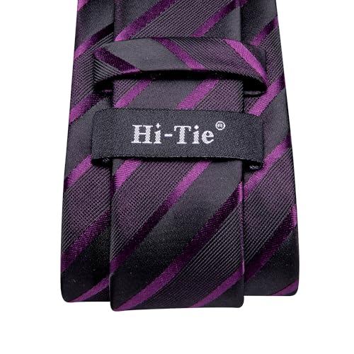 Hi-Tie Men's Silk Ties Formal Woven Classic Necktie Pocket Square Cufflinks Lapel Pin Set Wedding Business - color: A Black and Purple