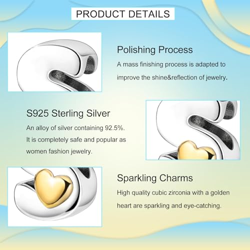 Two-Tone Gold Heart S925 Silver Letter Charm Fits Pandora Bracelet Necklace | Initial Bead Two-Tone Gold Heart, DIY European Bracelet Accessory, Gift for Ladies Birthday Anniversary Valentine - style: S